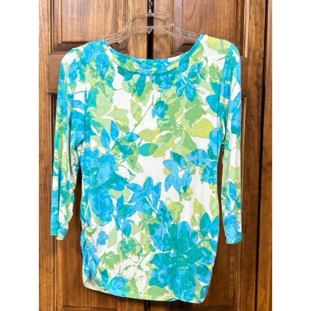 Ruby Rd. Florals and Leaves in Pastel Blues and Green Knitted Soft Top